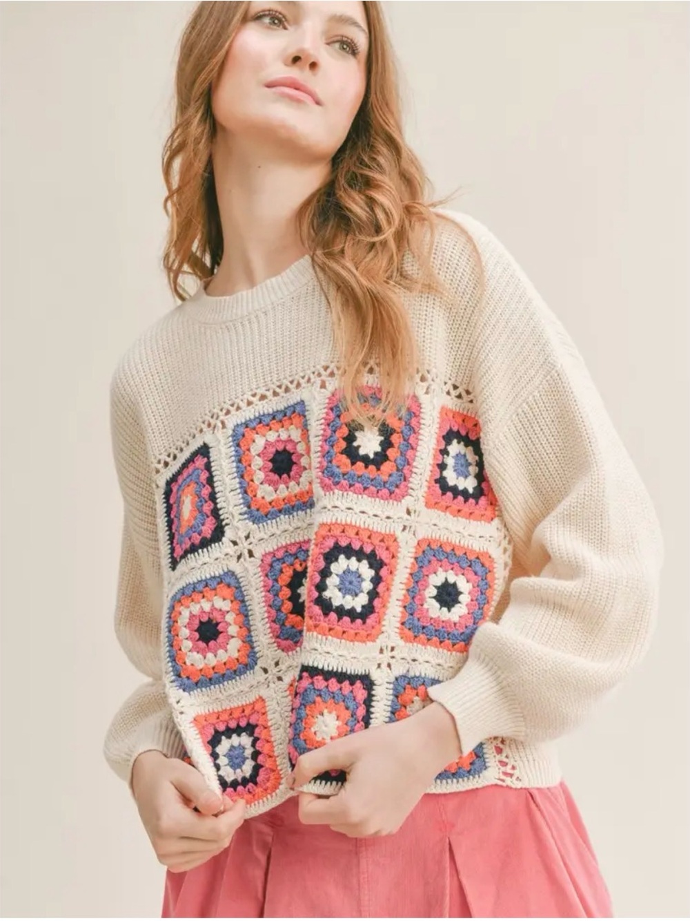 Sadie&sage cream Crochet-Panel Women's Sweater with Pink & Blue Accents